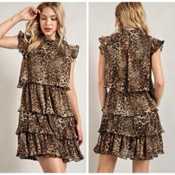 NWT Melloday Animal Print Tiered Mock Neck Pleated Ruffle Dress - Picture 1 of 10